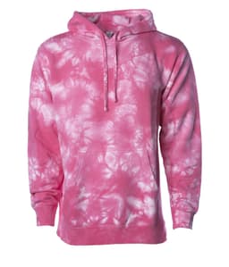A unisex tie dye pullover hood in vibrant pink and white, featuring a front pocket and a hood.