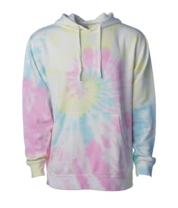 A unisex pullover hood in pastel tie-dye colours, featuring pink, blue, and yellow swirls, with a front pocket and hood.