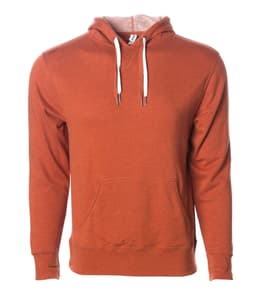 A unisex heather pullover in a vibrant rust colour with a front pocket and a hood. It features a logo.