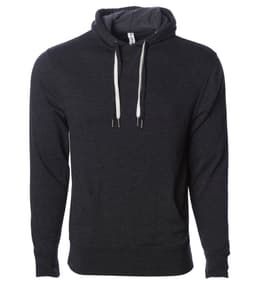 A unisex heather pullover in dark grey with a hood and drawstrings. The garment features a logo.