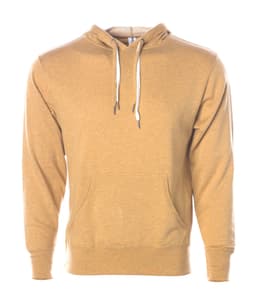 A unisex heather pullover in a warm golden hue, featuring a drawstring hood and a front pocket.