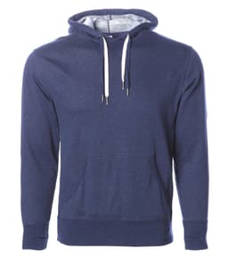 A navy blue unisex pullover hoodie with a front pocket and drawstring hood. Features a logo on the chest.