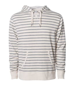 A unisex heather pullover featuring a striped pattern in beige and grey with a front pocket and hood.