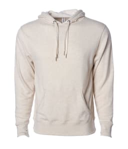 A unisex pullover hoodie in a light beige heathered fabric, featuring a front pocket and drawstring hood.