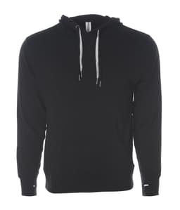A black unisex pullover hoodie featuring a front pocket and drawstring hood, with a logo on the label.
