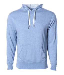 A unisex heather pullover in light blue, featuring a hood, drawstrings, and a front pocket.