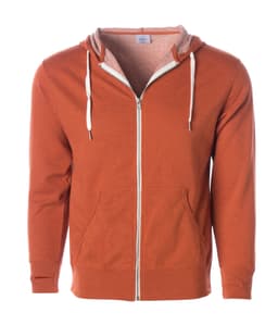 A unisex fitted zip hoodie in a warm rust colour, featuring a hood, front pockets, and a contrasting inner lining.