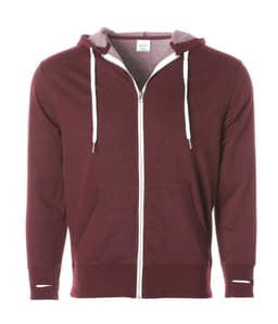 A unisex heather fitted zip hoodie in maroon with a grey hood and drawstrings, featuring a front zipper and pockets.
