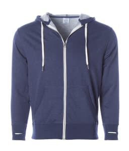 A navy blue fitted zip hoodie with a grey hood and drawstrings, featuring front pockets and a logo.