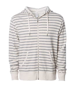 A unisex fitted zip hoodie in cream with grey stripes, featuring a front zip closure and pockets.