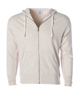 A beige unisex fitted zip hoodie featuring a hood and front pockets, with a logo present.