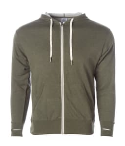 A unisex heather fitted zip hoodie in olive green, featuring a front zip and drawstring hood.