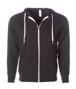 A black unisex fitted zip hoodie with a white zipper and drawstrings, featuring a front pocket and a hood.