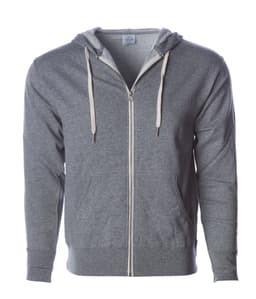 A grey unisex fitted zip hoodie with a hood, featuring a front zip and drawstrings. It has pockets and a logo.
