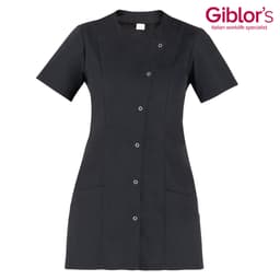A short-sleeved, black tunic featuring a buttoned front and side pockets, designed for professional wear.
