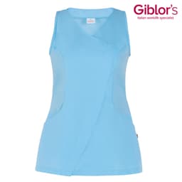 A light blue sleeveless tunic with a wrap design and side pockets, featuring a logo in the top corner.