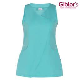 A turquoise sleeveless tunic with a wrap design and pockets, featuring a logo.