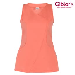 A sleeveless tunic in bright coral with a wrap design and mesh panels, featuring a logo in the top right corner.