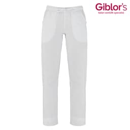White pants featuring a simple design and pockets, with a logo in the top right corner.