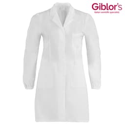A white lab coat with long sleeves, featuring a collar and multiple pockets. It has a logo on the top right.