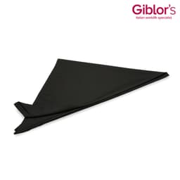 A black triangular napkin with a smooth texture, featuring a logo in the corner.