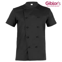 A black chef jacket with short sleeves and double-breasted buttons, featuring a branding logo.