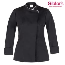 A black chef jacket with long sleeves and a stylish collar, featuring a logo on the sleeve.