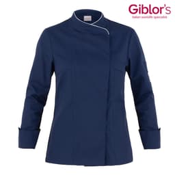 A navy blue chef jacket featuring a stylish design and a logo. It has a professional collar and long sleeves.