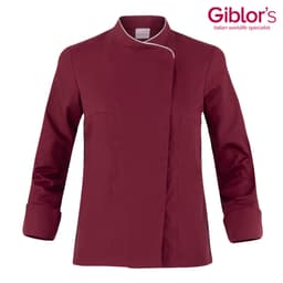 A maroon chef jacket featuring a stand-up collar and long sleeves, with a logo in the corner.