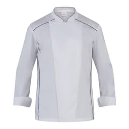 A chef jacket in white with contrasting details, featuring a stylish design and a logo. Suitable for culinary professionals.