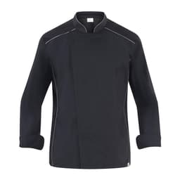 A black chef jacket with long sleeves and contrasting piping, featuring a branded logo.
