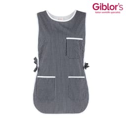 A checkered black and white pinafore with a pocket and tie details at the sides. It features a logo in the corner.