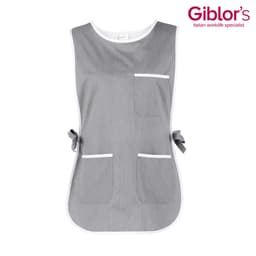 A grey Zefiro Pinafore with white trim and multiple pockets, featuring a logo in the corner.
