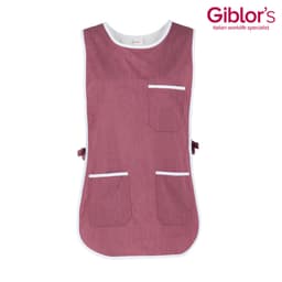 A maroon pinafore with white trim and multiple pockets. It features an adjustable tie at the back and a logo.