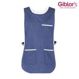 A blue denim pinafore with white pocket trims and ties at the sides. Features multiple pockets for convenience.