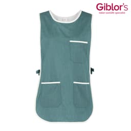 A teal Zefiro pinafore with white trim and multiple pockets, featuring a logo in the upper corner.