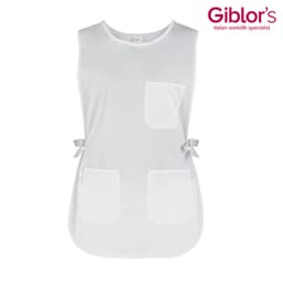 A white pinafore with two front pockets and ties at the sides, featuring a logo in the top corner.