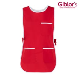 A red Zefiro Pinafore with white trim, featuring multiple pockets and ties at the waist. It has a branding logo.