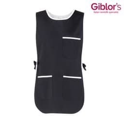 A black pinafore with white trim and multiple pockets, featuring ties at the sides. It has a logo visible in the corner.