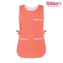 A coral Zefiro Pinafore featuring white trims and four front pockets, with a logo in the top corner.