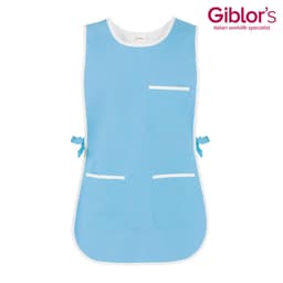 A blue Zefiro Pinafore featuring white trim and pockets, with ties at the waist. It has a logo in the corner.