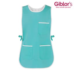 A turquoise pinafore featuring multiple pockets and ties at the waist, with a branding logo in the corner.