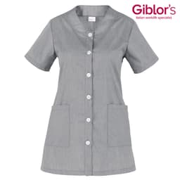 A grey tunic with short sleeves, buttons down the front, and two front pockets. Features a logo.