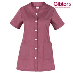 A short-sleeved, button-up tunic in a rich burgundy colour with two front pockets and a logo in the corner.