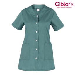 A teal Camelia Tunic with short sleeves, featuring buttons down the front and two front pockets. It has a logo on the top right corner.