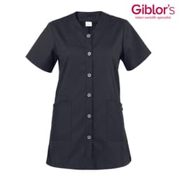 A black tunic with a button-up front, short sleeves, and two front pockets. Features a branding logo.