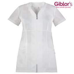 A white tunic featuring short sleeves, a zippered front, and two pockets, with a logo present.