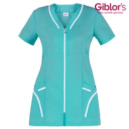 A turquoise Altea Tunic with short sleeves, a front zip, and white accent detailing, featuring pockets on the sides.