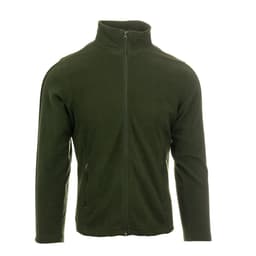 A full zip microfleece jacket in olive green with side zip pockets and a collar, featuring a logo on the sleeve.
