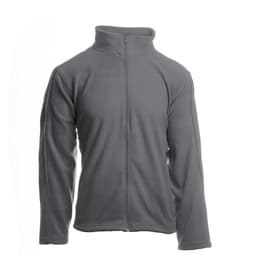 A full zip microfleece jacket in grey featuring long sleeves and a high collar. It has a logo on it.